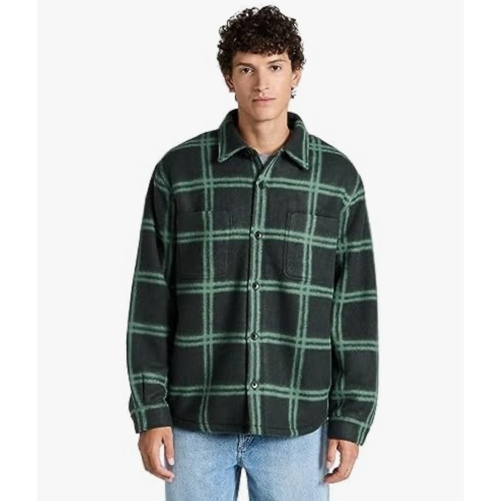 Vince Plaid Fleece Lined Shacket Shirt‎ Jacket Men's Large Green Black Button Up